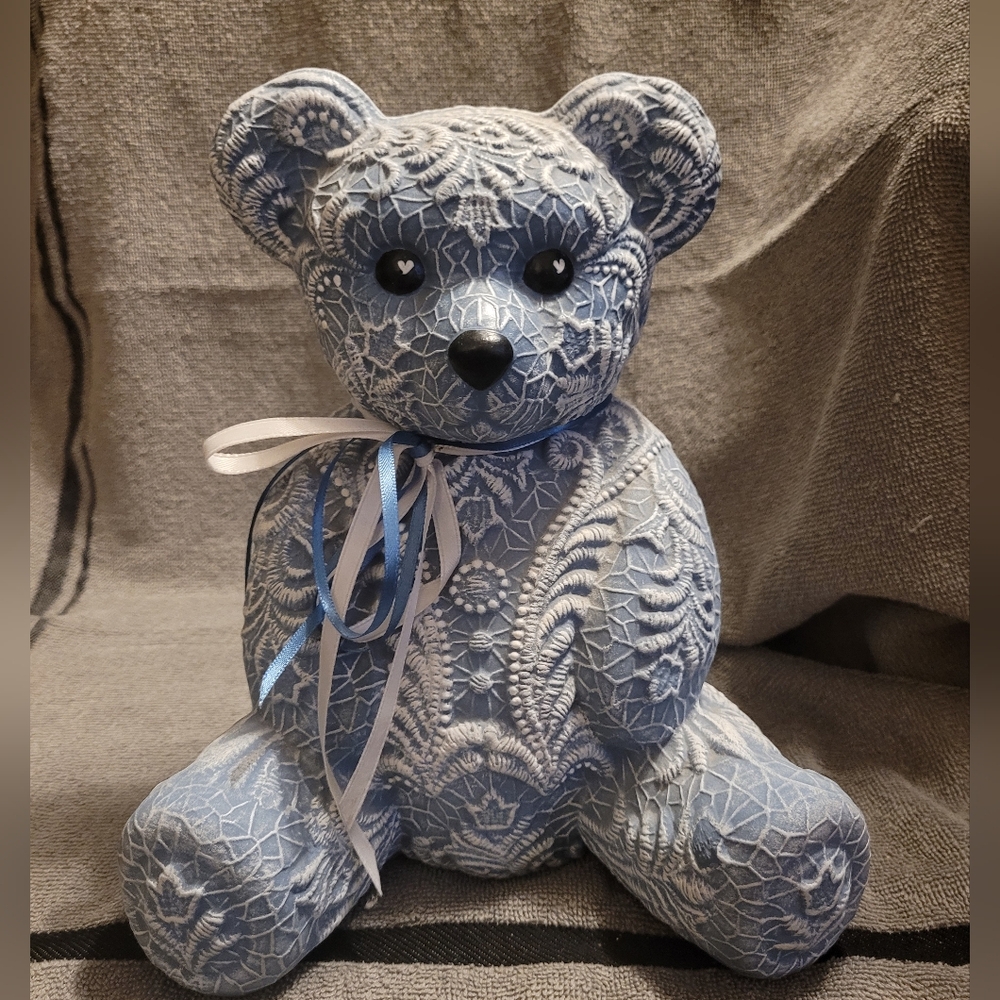 Vintage Blue Lace Teddy Bear with Ribbon